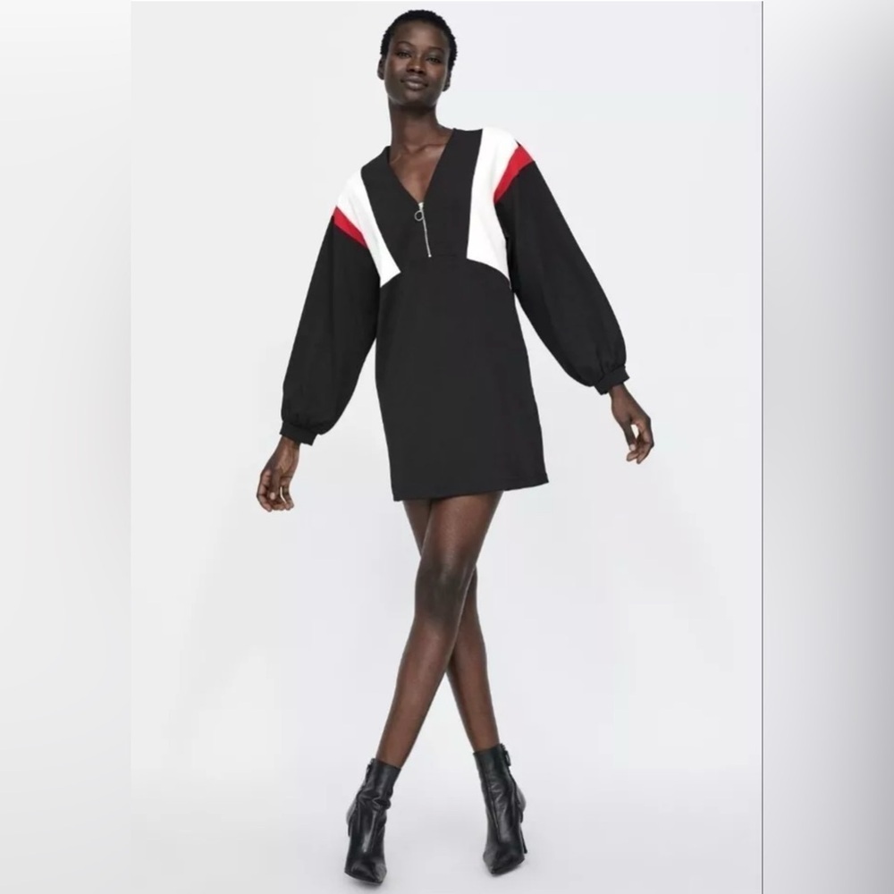 NWOT Zara Womens Color Block Shift Drees Long Sleeve Black Red White Size Small